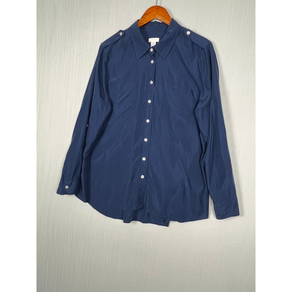 Chico's Button Down Women Size 3 Navy Blue Utility Epaulette Modal Blend‎ Shirt